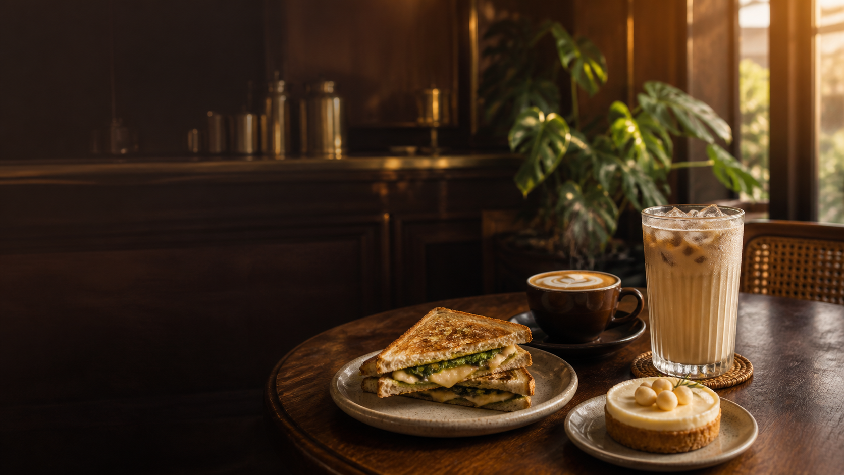 Macadamia iced coffee, cappuccino, sandwich and dessert in a warmly lit café